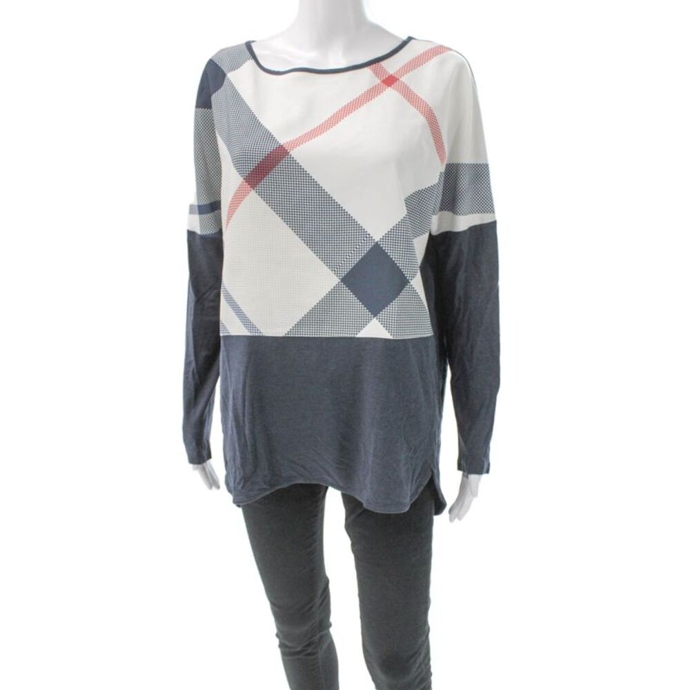 Barbour Women Boat Neck Long Sleeve Tartan Blue Polyester Pullover Top Size 6